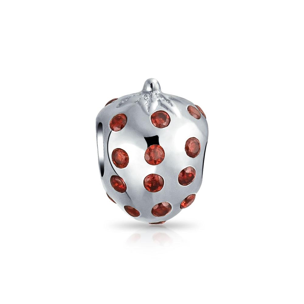 Red Strawberry Fruit Food Lover CZ Bead Charm 925 Sterling Silver - Joyeria Lady