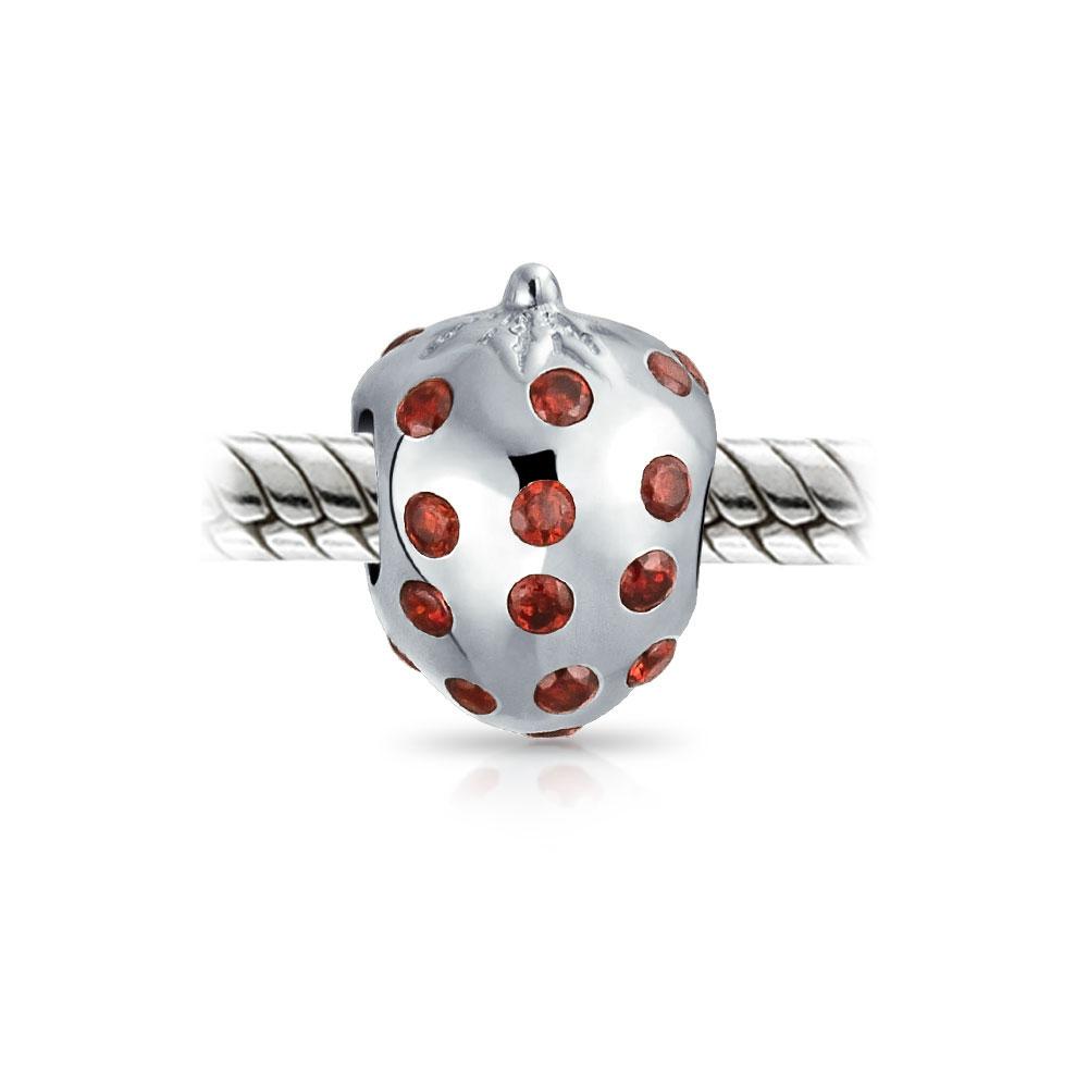 Red Strawberry Fruit Food Lover CZ Bead Charm 925 Sterling Silver - Joyeria Lady
