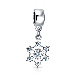 Winter Christmas CZ Blue Snowflake Bead Charm 925 Sterling Silver - Joyeria Lady