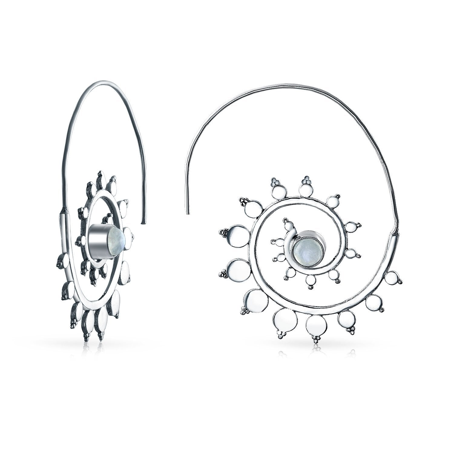 Boho Labyrinth Spiral Geometric Moonstone Earrings Silver Plated - Joyeria Lady