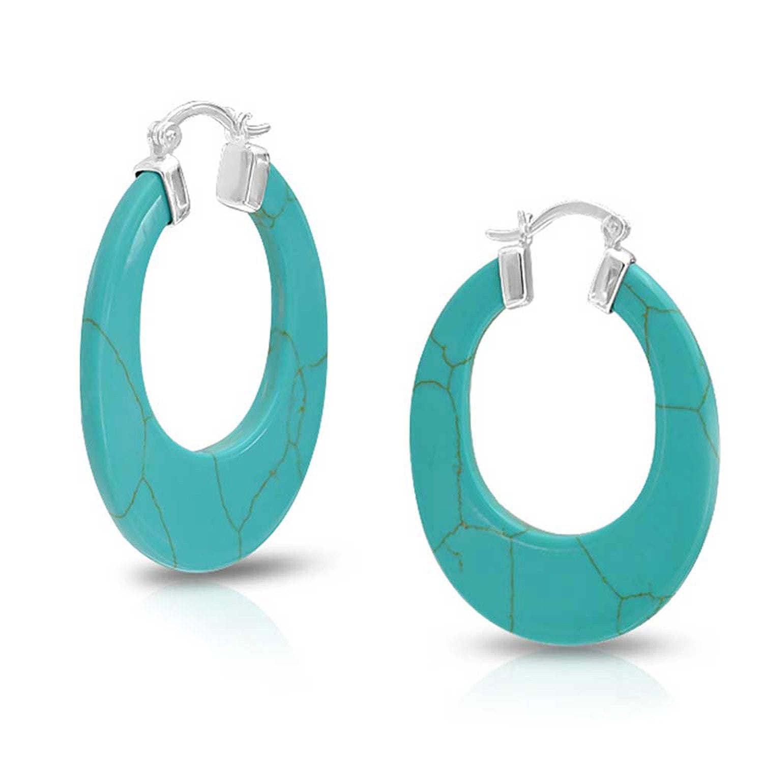 Turquoise Gemstone Round Flat Hoop Earrings Sterling Silver 1 Dia - Joyeria Lady