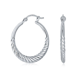 Lightweight Thin Striped Scalloped  Hoop Earrings .925 Sterling Silver - Joyeria Lady