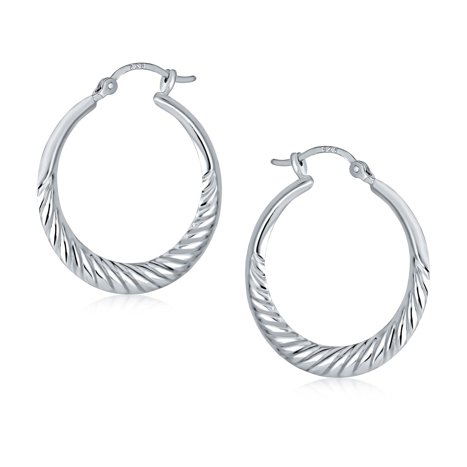 Lightweight Thin Striped Scalloped  Hoop Earrings .925 Sterling Silver - Joyeria Lady