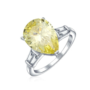 7CT CZ Pear Shape Canary Yellow Solitaire Engagement Ring Side Stones