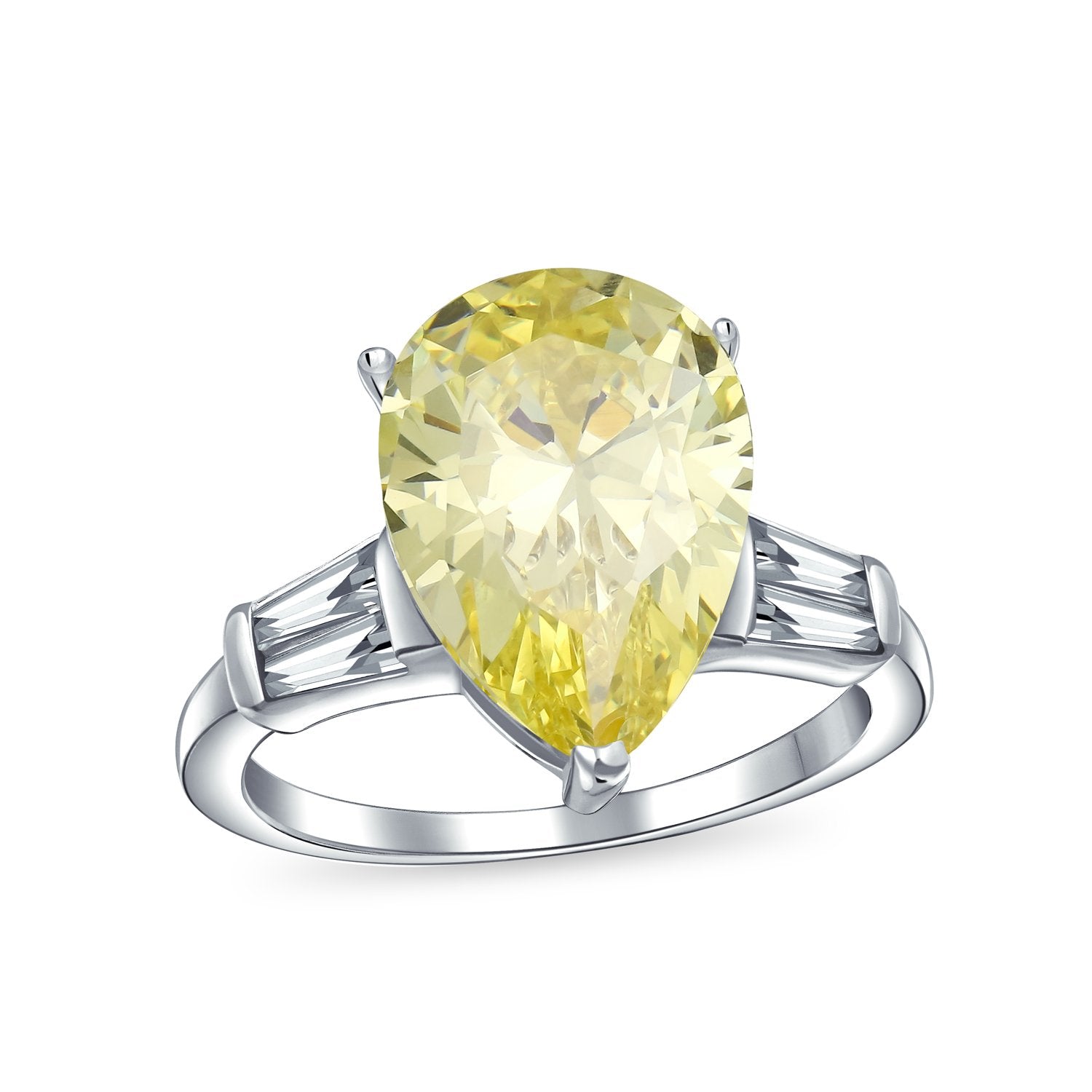 7CT CZ Pear Shape Canary Yellow Solitaire Engagement Ring Side Stones - Joyeria Lady