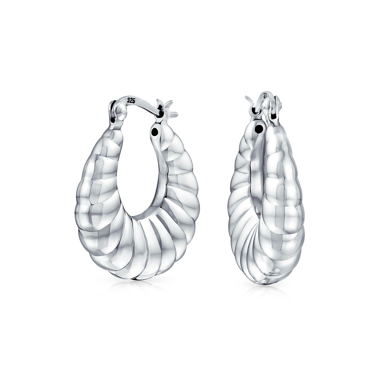 Scalloped Ribbed Lightweight Oval Tube Hoop Earrings Sterling Silver - Joyeria Lady