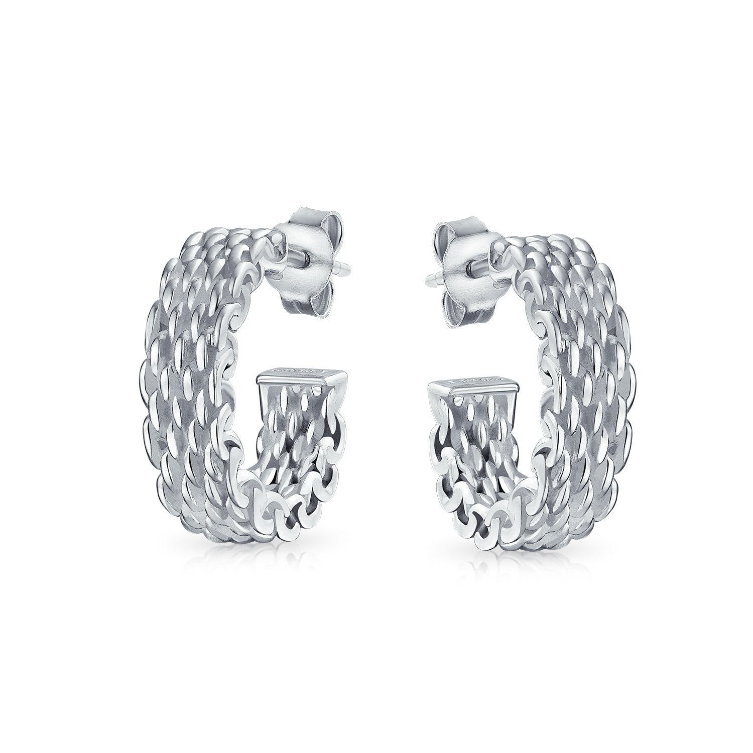 Mesh Twisted Rope Cable Braided Hoop Stud Earrings Sterling Silver - Joyeria Lady