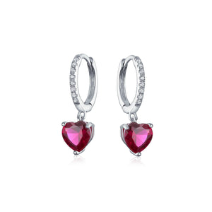 Fuchsia CZ Pink Heart Hoop Earrings Imitation Ruby 925 Sterling Silver - Joyeria Lady
