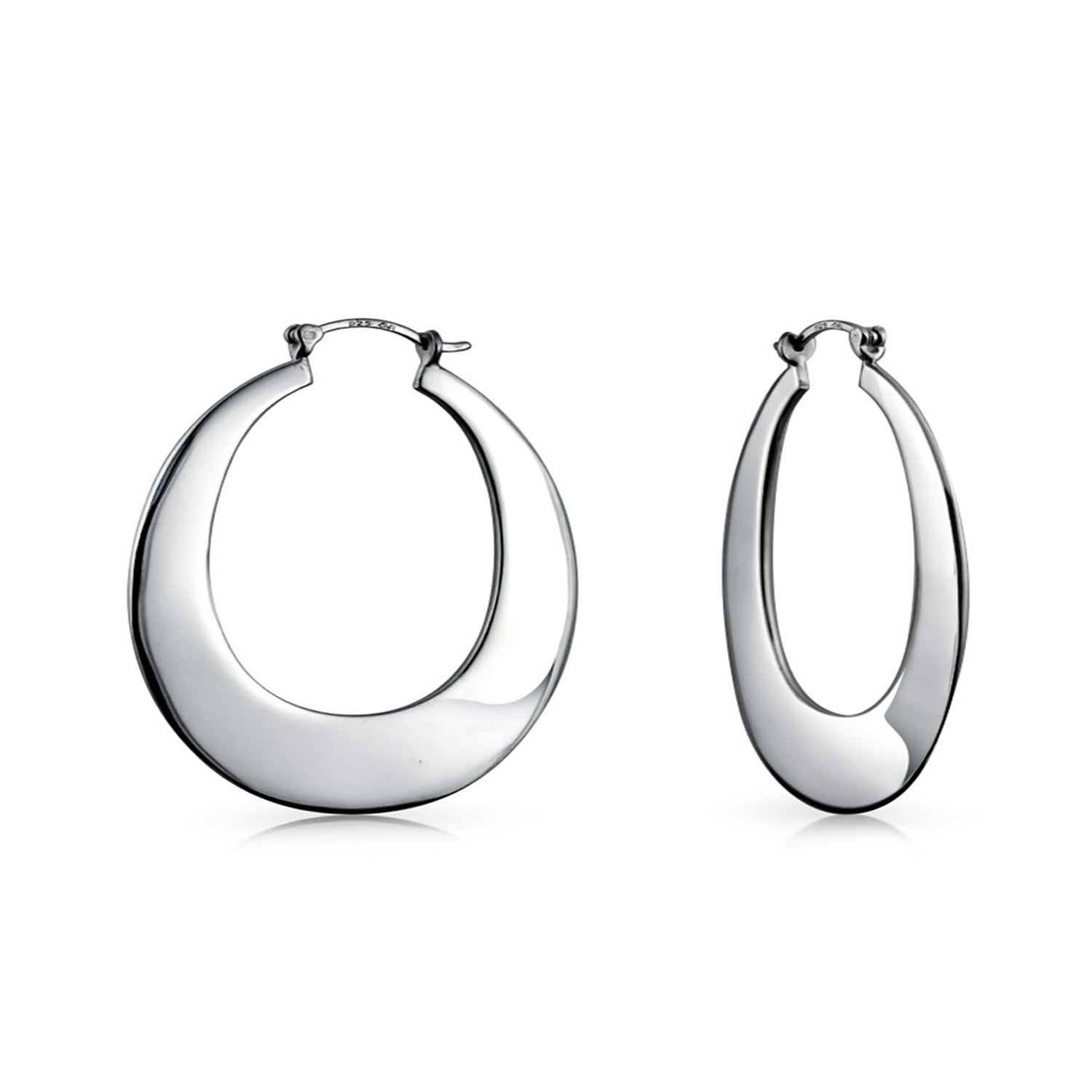 Engrave Flat Tapered Round Hoop Earrings 925 Sterling Silver 1.25 Inch - Joyeria Lady