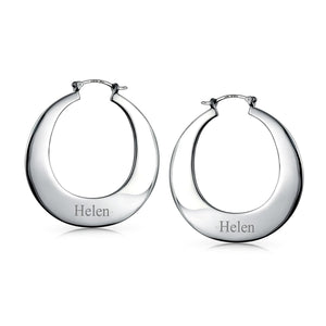 Engrave Flat Tapered Round Hoop Earrings 925 Sterling Silver 1.25 Inch
