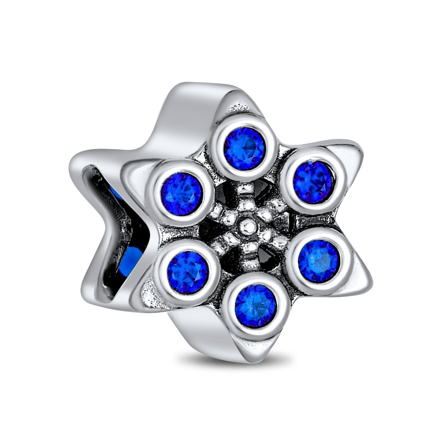 Winter Christmas CZ Blue Snowflake Bead Charm 925 Sterling Silver - Joyeria Lady
