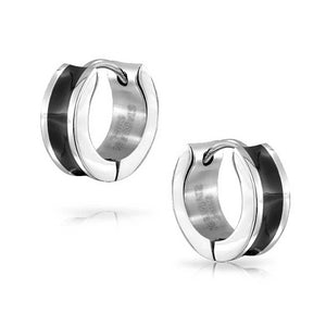 Striped Black Hoop Earrings or Silver Tone Stainless Steel
