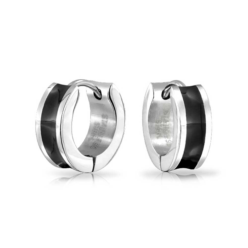 Striped Black Hoop Earrings or Silver Tone Stainless Steel - Joyeria Lady