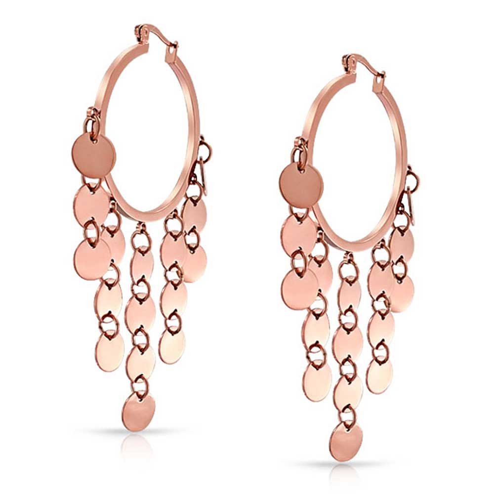 Sequin Coin Chandelier Hoop Earrings Rose Gold Tone Stainless Steel