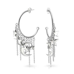 Trendy Moon Stars Dangling Charm Crescent Large Hoop Stud Earrings - Joyeria Lady