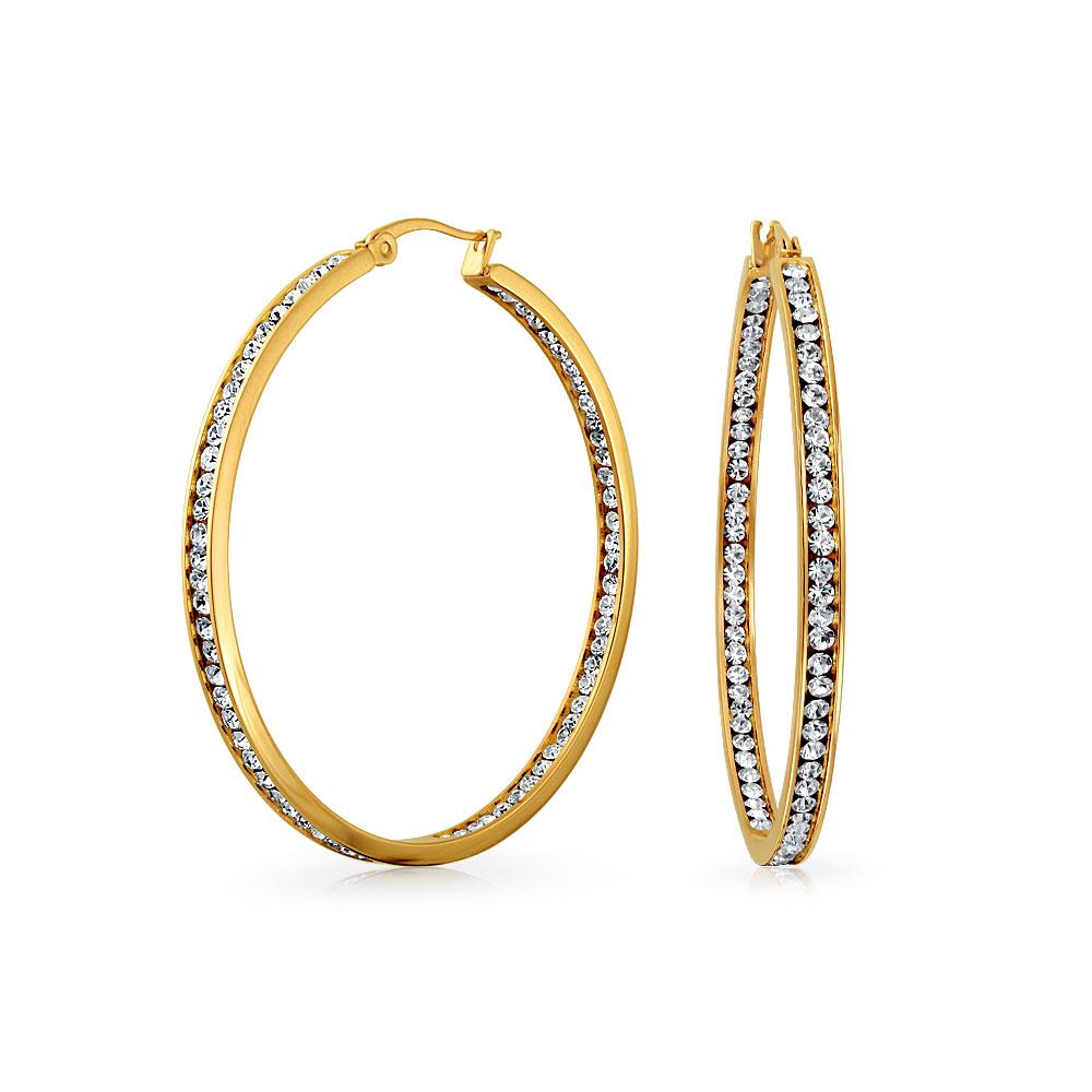 Channel Set CZ Inside Out Hoop Earrings 14K Gold Plate Stainless Steel - Joyeria Lady