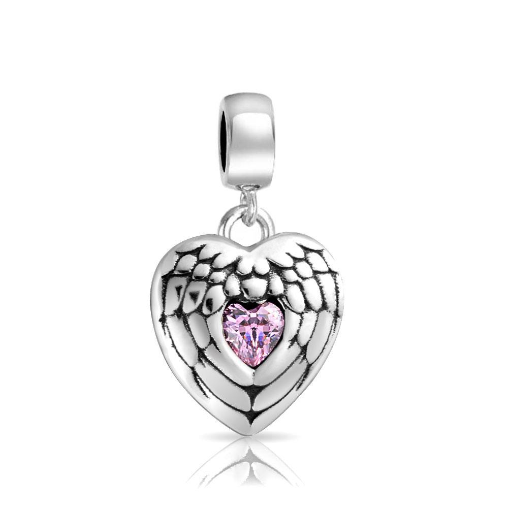 Angel Wing Feather Heart Dangle Charm Bead 925 Sterling Silver - Joyeria Lady