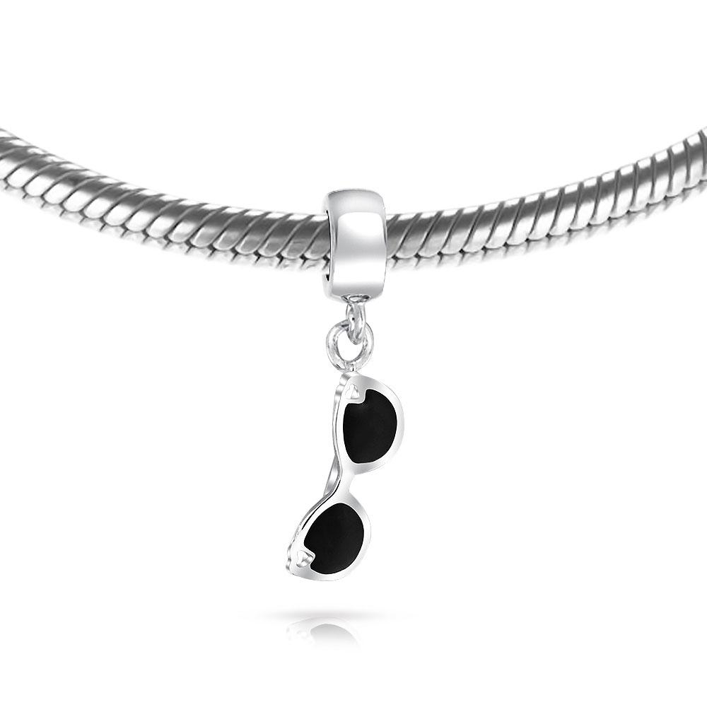 Black Movie Star Sunglasses Sterling Silver Dangle Travel Bead Charm - Joyeria Lady