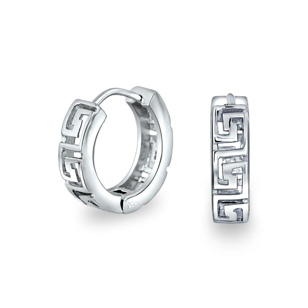 Greek Key Hoop Earrings Rose Gold Plated Sterling Silver Hinge - Joyeria Lady