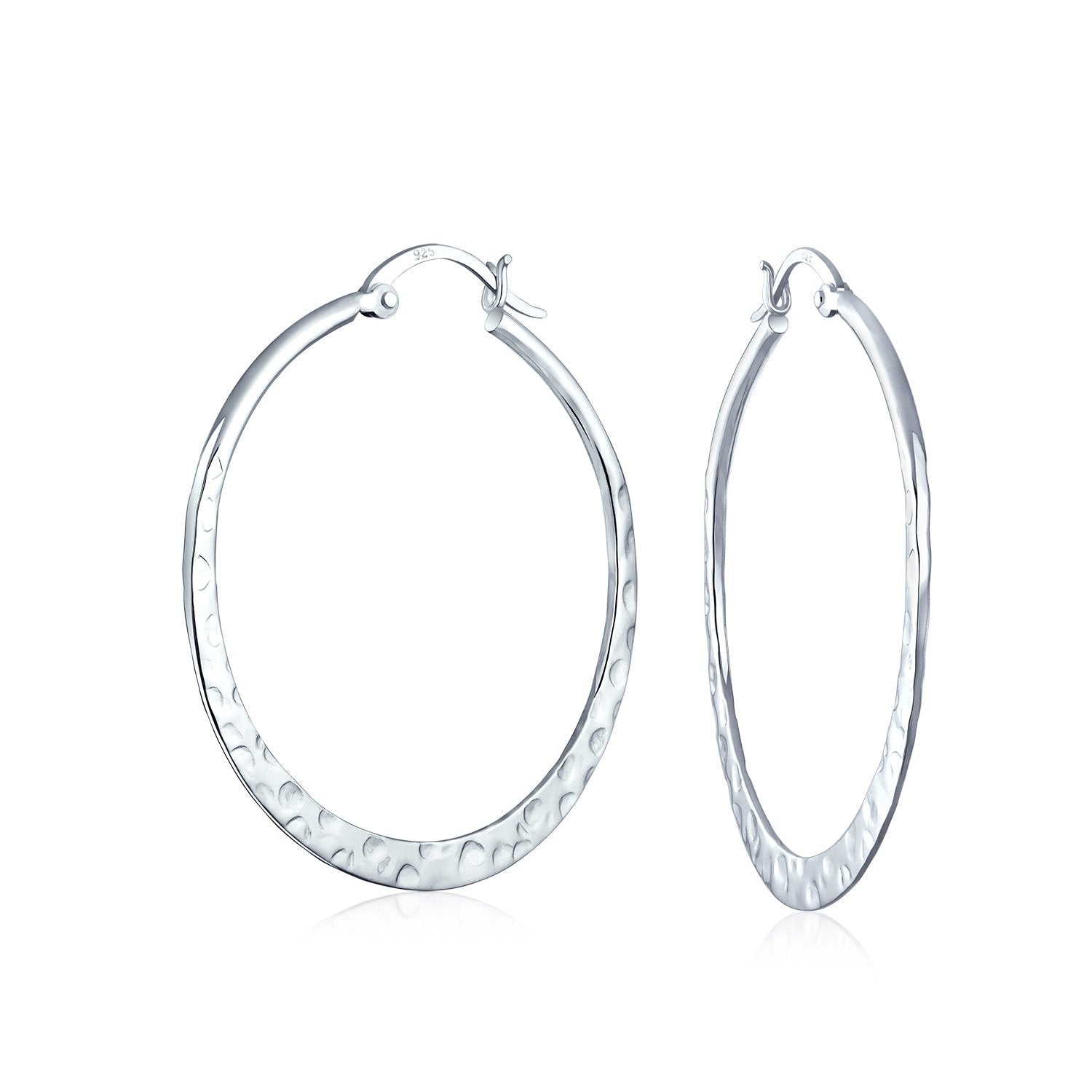 Boho Hammered Flat Hoop Earrings 925 Sterling Silver 1 5 Inch Dia - Joyeria Lady