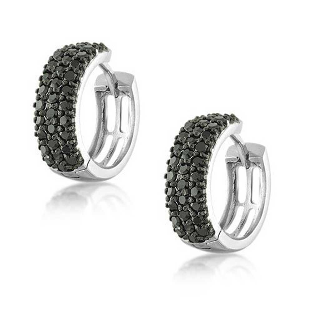 Black CZ Wide Hoop Kpop Earrings Cubic Zirconia Sterling Silver - Joyeria Lady