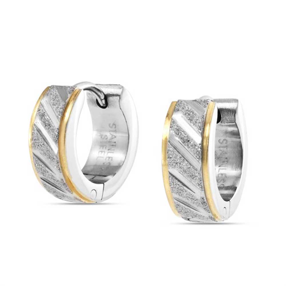 Two Tone Carved Stardust Matte Hoop Earrings Stainless Steel - Joyeria Lady