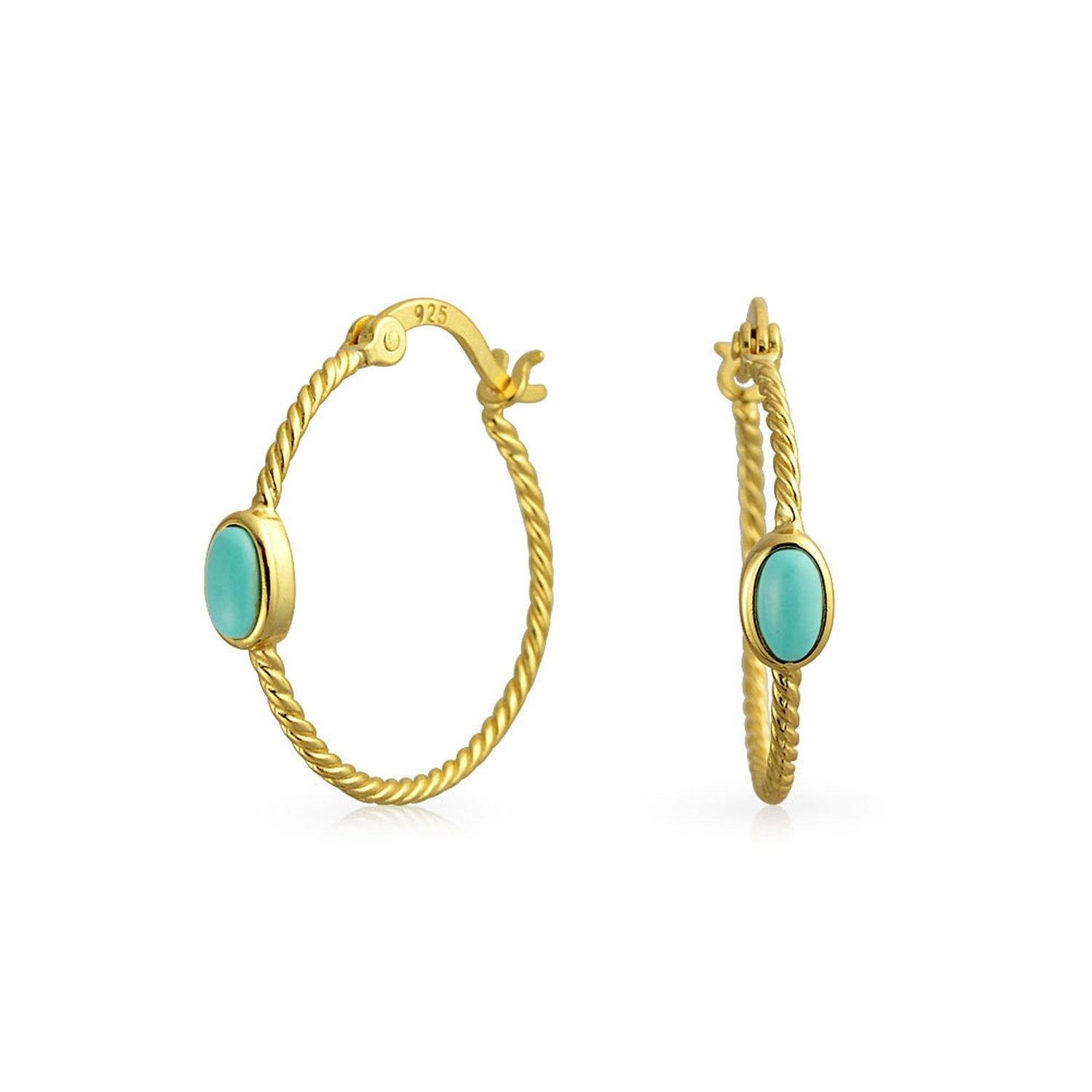 Cable Rope Hoop Earrings Turquoise Gold Plated Sterling Silver - Joyeria Lady