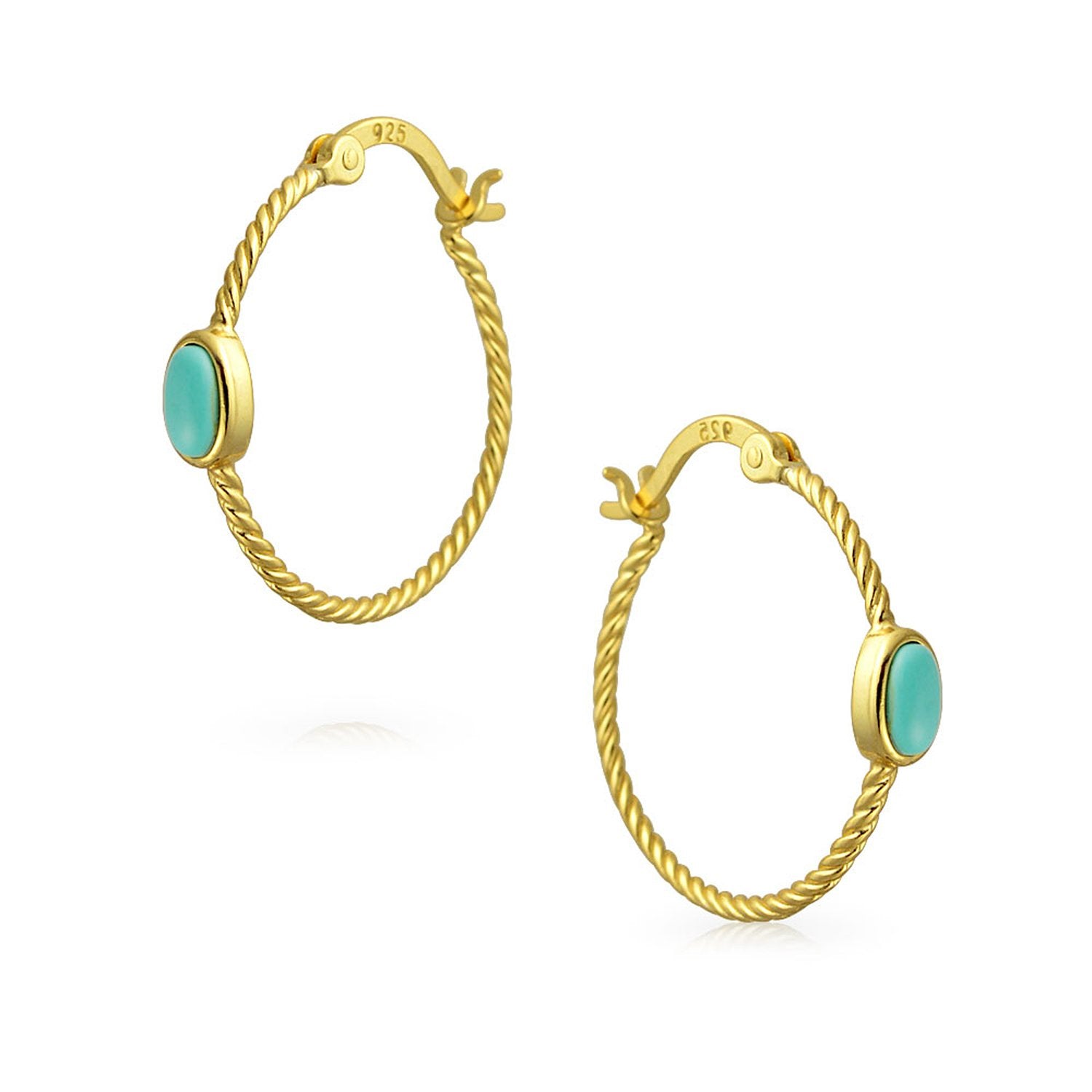 Cable Rope Hoop Earrings Turquoise Gold Plated Sterling Silver - Joyeria Lady