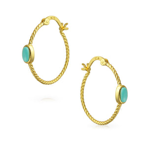 Cable Rope Hoop Earrings Turquoise Gold Plated Sterling Silver