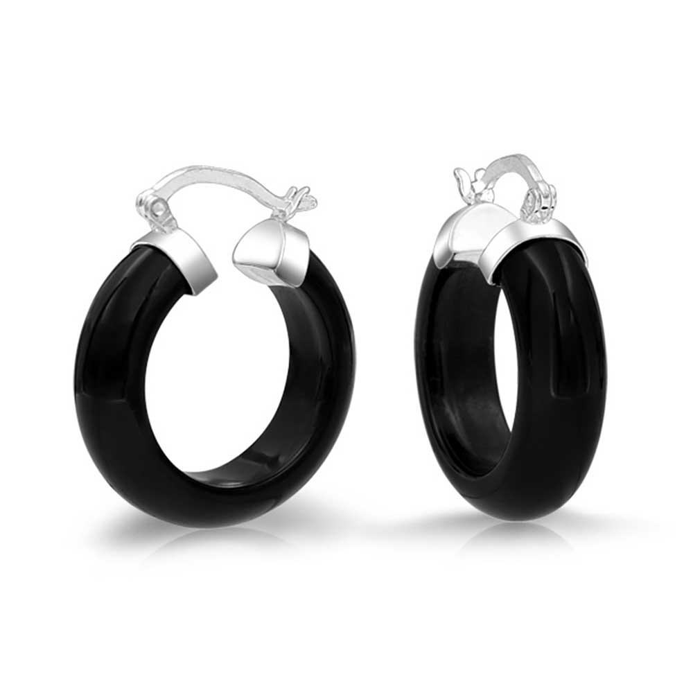 Black Onyx Tube Small Hoop Earrings 925 Sterling Silver 75 Inch Dia - Joyeria Lady