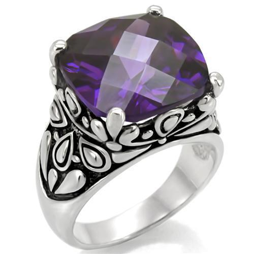 TK016 - High polished (no plating) Stainless Steel Ring with AAA Grade CZ  in Amethyst - Joyeria Lady