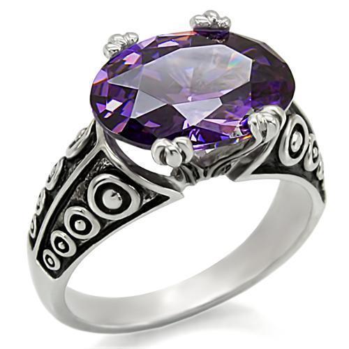 TK017 - High polished (no plating) Stainless Steel Ring with AAA Grade CZ  in Amethyst - Joyeria Lady