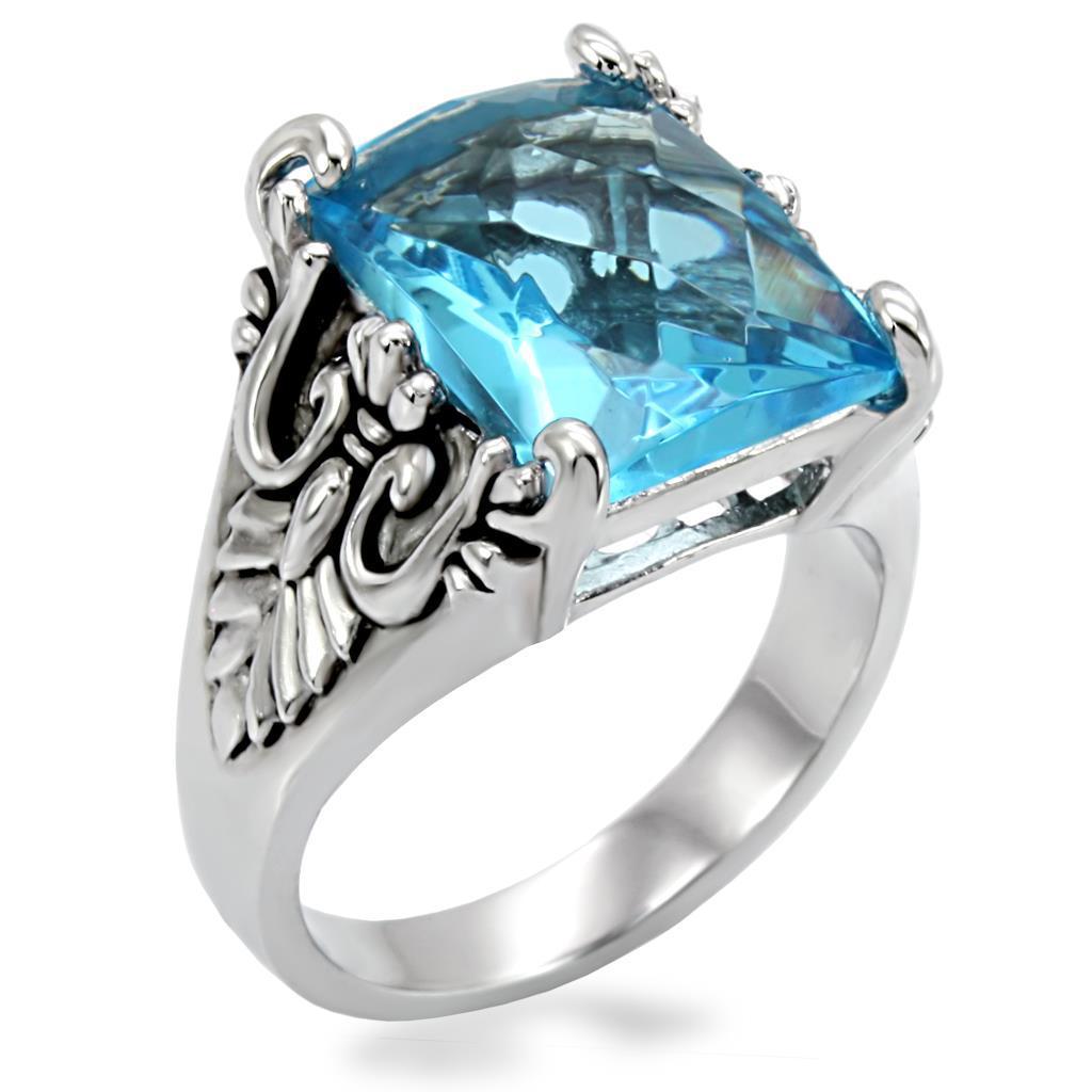 TK021 - High polished (no plating) Stainless Steel Ring with Synthetic Synthetic Glass in Sea Blue - Joyeria Lady