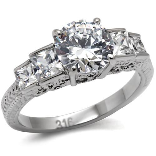 TK057 - High polished (no plating) Stainless Steel Ring with AAA Grade CZ  in Clear - Joyeria Lady