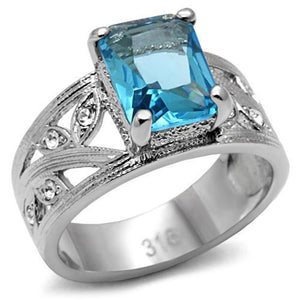 TK081 - High polished (no plating) Stainless Steel Ring with Synthetic Synthetic Glass in Sea Blue - Joyeria Lady