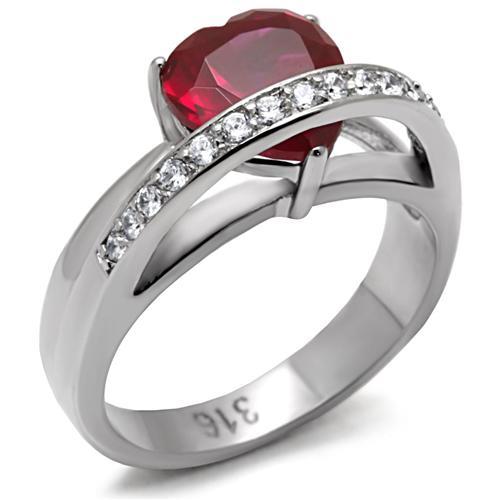 TK089 - High polished (no plating) Stainless Steel Ring with AAA Grade CZ  in Ruby - Joyeria Lady