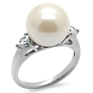 TK090 - High polished (no plating) Stainless Steel Ring with Synthetic Pearl in Aurora Borealis (Rainbow Effect) - Joyeria Lady