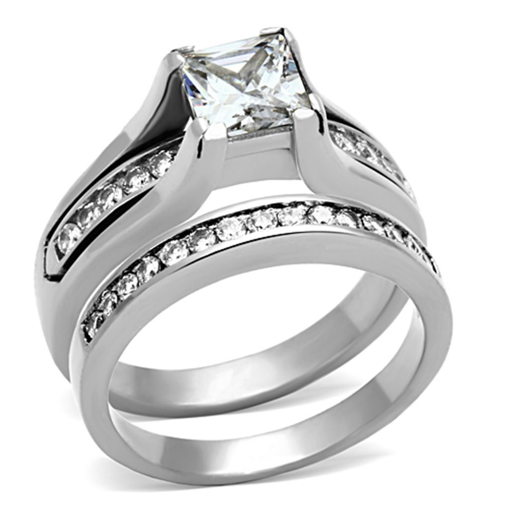 TK0W383 - High polished (no plating) Stainless Steel Ring with AAA Grade CZ  in Clear - Joyeria Lady