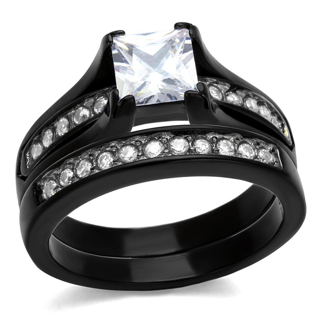 TK0W383J - Two-Tone IP Black Stainless Steel Ring with AAA Grade CZ  in Clear - Joyeria Lady