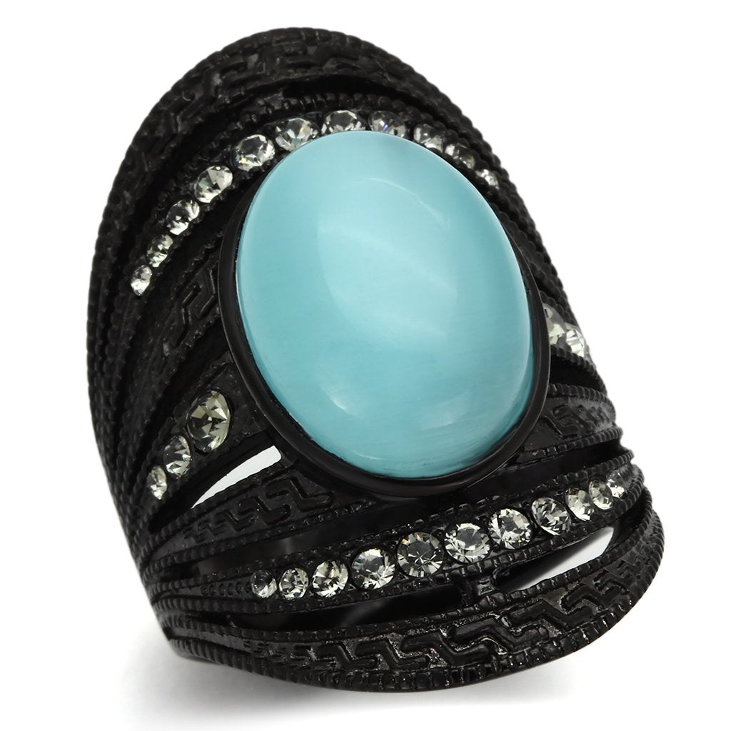 TK1006 - IP Black(Ion Plating) Stainless Steel Ring with Synthetic Cat Eye in Sea Blue - Joyeria Lady