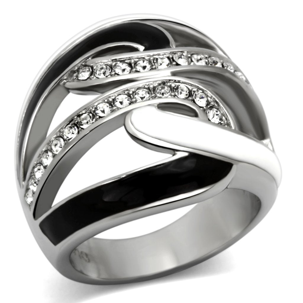 TK1018 - High polished (no plating) Stainless Steel Ring with Top Grade Crystal  in Clear - Joyeria Lady