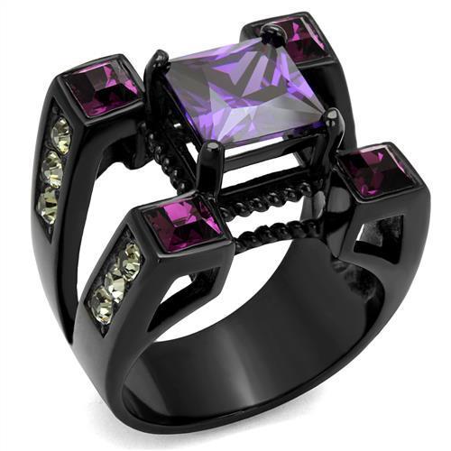 TK1072J IP Black(Ion Plating) Stainless Steel Ring with AAA Grade CZ in Amethyst - Joyeria Lady