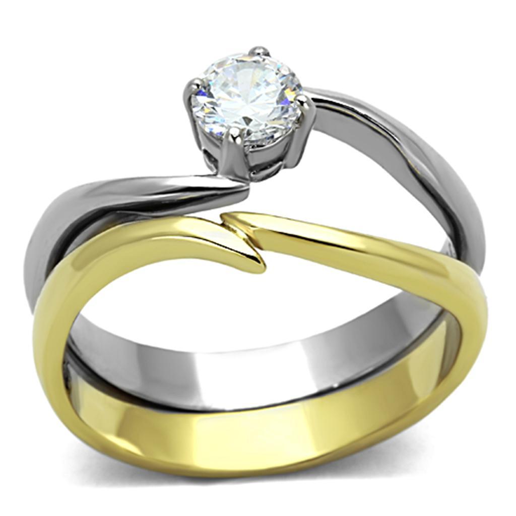 TK1092 - Two-Tone IP Gold (Ion Plating) Stainless Steel Ring with AAA Grade CZ  in Clear - Joyeria Lady