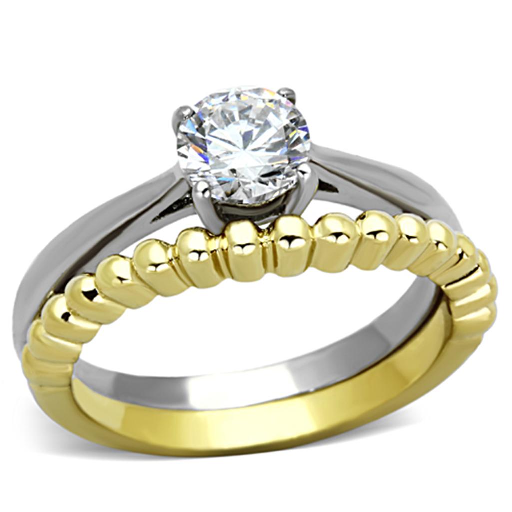 TK1093 - Two-Tone IP Gold (Ion Plating) Stainless Steel Ring with AAA Grade CZ  in Clear - Joyeria Lady