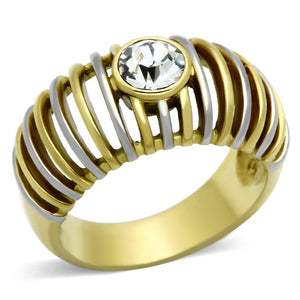 TK1095 - Two-Tone IP Gold (Ion Plating) Stainless Steel Ring with Top Grade Crystal  in Clear - Joyeria Lady