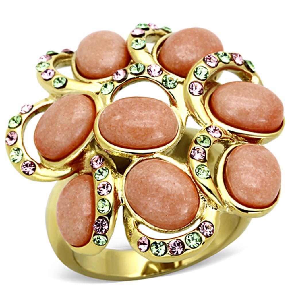 TK1102 - IP Gold(Ion Plating) Stainless Steel Ring with Synthetic Coral in Orange - Joyeria Lady
