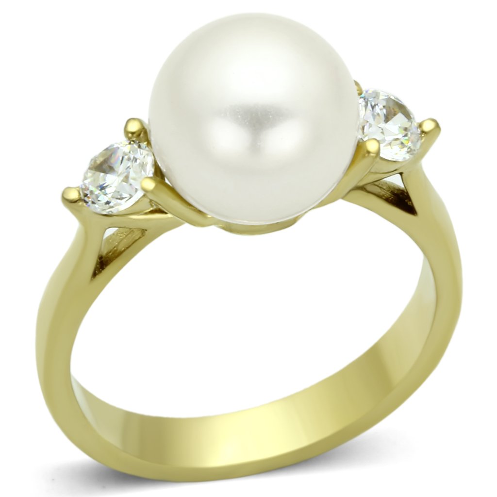 TK1103 - IP Gold(Ion Plating) Stainless Steel Ring with Synthetic Pearl in White - Joyeria Lady