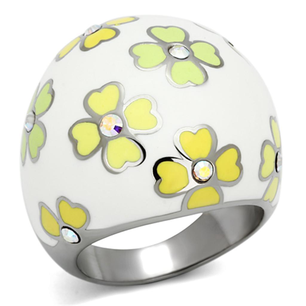 TK1139 - High polished (no plating) Stainless Steel Ring with Top Grade Crystal  in Aurora Borealis (Rainbow Effect) - Joyeria Lady