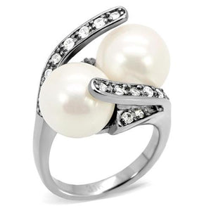TK113 - High polished (no plating) Stainless Steel Ring with Synthetic Pearl in White - Joyeria Lady