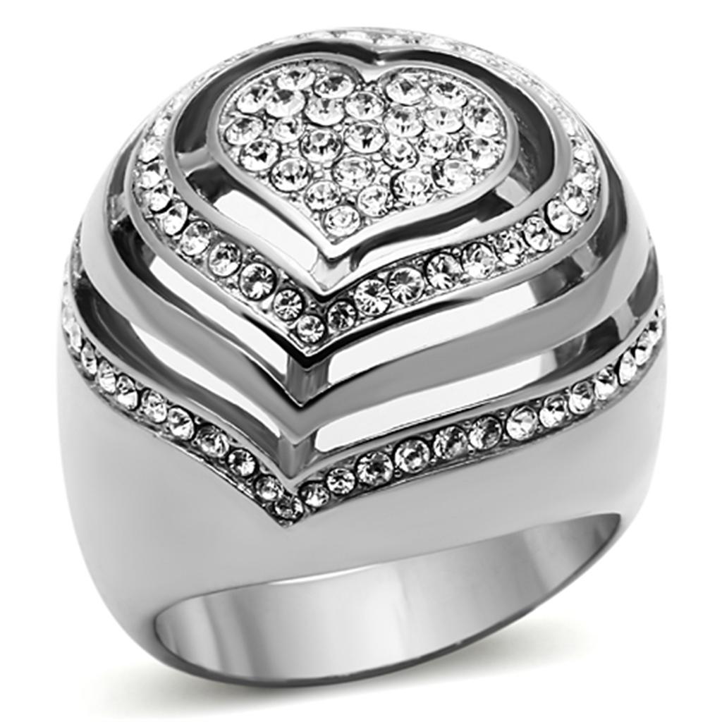 TK1141 - High polished (no plating) Stainless Steel Ring with Top Grade Crystal  in Clear - Joyeria Lady